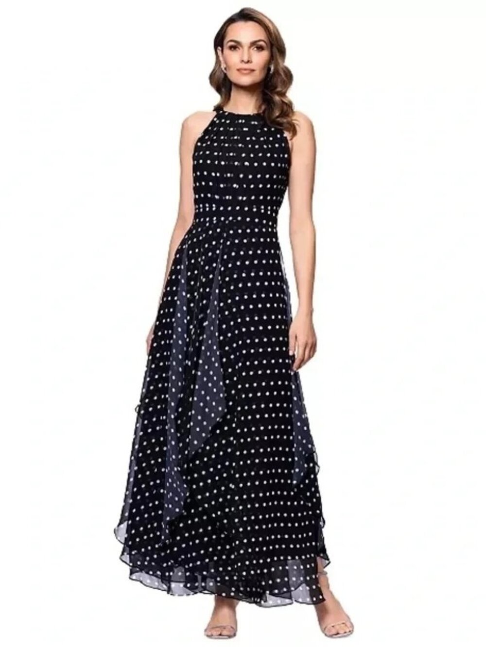 Betsy & Adam Black White Polka Dot Sleeveless Gown